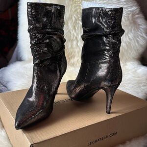 New Le Chateau Black and Silver Metallic Heeled shiny distressed crocodile Boots